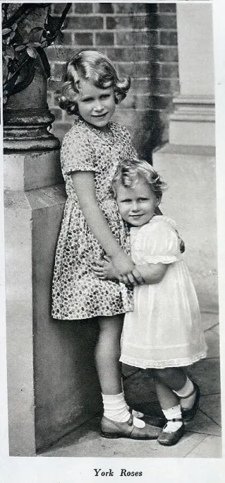 Framed Print : York Roses, Princesses Elizabeth and Margaret, informal outdoor photograph by a pillar. With description, York Roses; Princess Elizabeth and Princess Margaret, the daughters of the Duke and Duchess of York Framed Print : York Roses, Princesses Elizabeth and Margaret, informal outdoor photograph by a pillar. With description, York Roses; Princess Elizabeth and Princess Margaret, the daughters of the Duke and Duchess of York