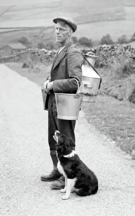 Framed Print : Yorkshire Dales farmer with his dog, probably 1920s Framed Print : Yorkshire Dales farmer with his dog, probably 1920s