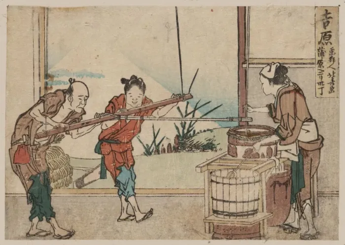 Framed Print : Yoshiwara. Print shows an older man and two young apprentices Framed Print : Yoshiwara. Print shows an older man and two young apprentices