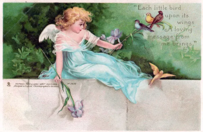 Framed Print : Young angel with birds on a greetings postcard Framed Print : Young angel with birds on a greetings postcard