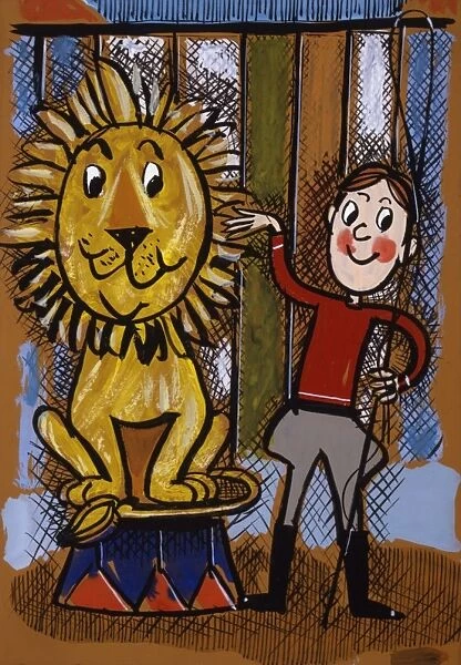 Young boy lion tamer & lion. Available as Framed Prints, Photos, Wall Art  and other products #4397295