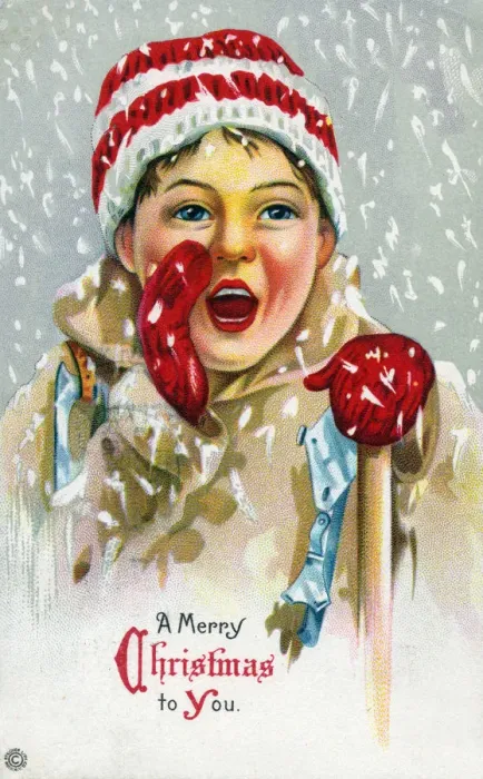 Framed Print : Young boy shouts out Merry Christmas through the snow Framed Print : Young boy shouts out Merry Christmas through the snow