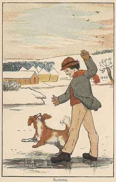 Young boy sliding on the ice with his dog