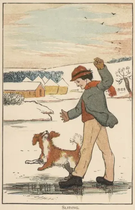 Framed Print : Young boy sliding on the ice with his dog Framed Print : Young boy sliding on the ice with his dog