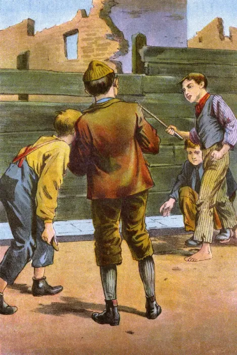 Framed Print : Four young boys playing a game with a stick and a stone