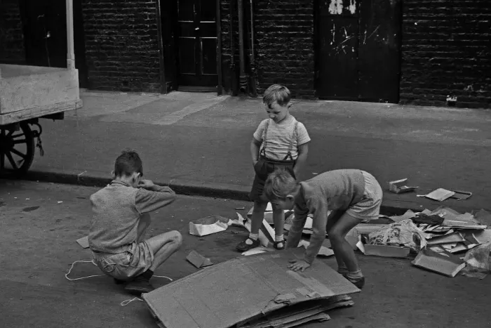 Framed Print : Three young boys playing in street, London Framed Print : Three young boys playing in street, London