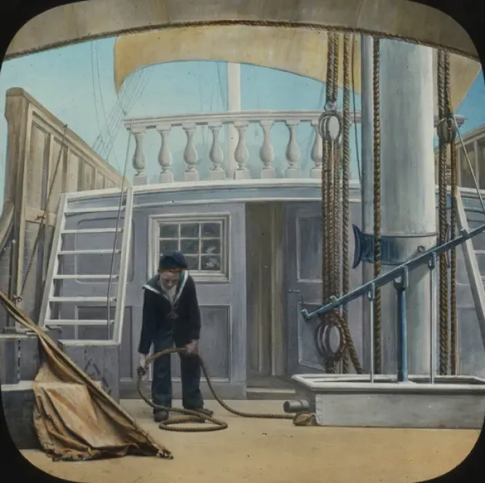 Framed Print : Young cabin boy sailor sorting out ropes Framed Print : Young cabin boy sailor sorting out ropes