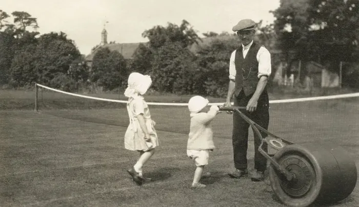 Framed Print : Two young children with the Gardener at Oddington House Framed Print : Two young children with the Gardener at Oddington House