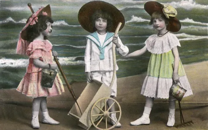 Framed Print : Three young children at the seaside - kitsch postcard Framed Print : Three young children at the seaside - kitsch postcard