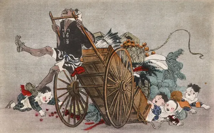 Framed Print : Four young children topple a Japanese handcart as a prank Framed Print : Four young children topple a Japanese handcart as a prank