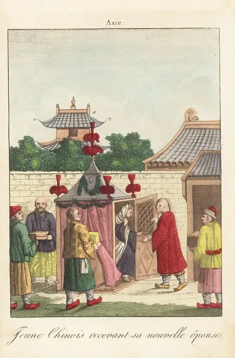 Framed Print : A young Chinese groom receives his new bride, 18th century Framed Print : A young Chinese groom receives his new bride, 18th century