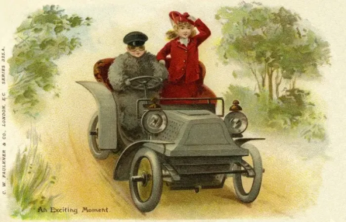 Framed Print : Young couple in open top car Framed Print : Young couple in open top car