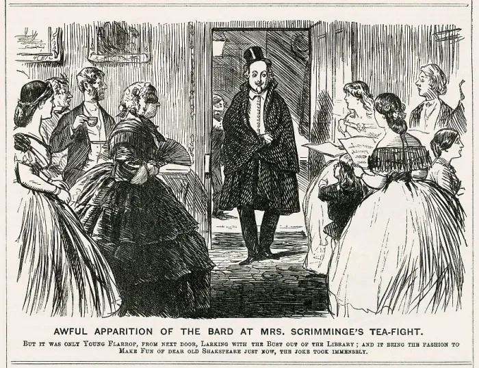 Framed Print : But it was only young from next door, larking with the bust out of the library; and it being the fashion to make fun of dear old Shakespeare just now, the joke took immensely. Date: 1864 Framed Print : But it was only young from next door, larking with the bust out of the library; and it being the fashion to make fun of dear old Shakespeare just now, the joke took immensely. Date: 1864