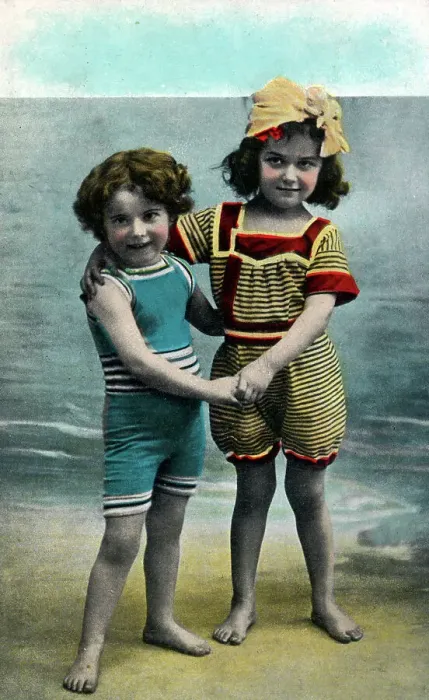 Framed Print : Two Young Edwardian Children, striped bathing costumes Framed Print : Two Young Edwardian Children, striped bathing costumes