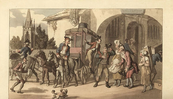 Young English gentleman arriving at a French posthouse