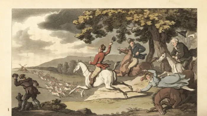 Framed Print : Young English gentleman riding with hounds in a stag hunt Framed Print : Young English gentleman riding with hounds in a stag hunt