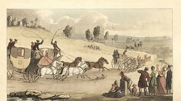 Young English gentlemen racing four-horse carriages