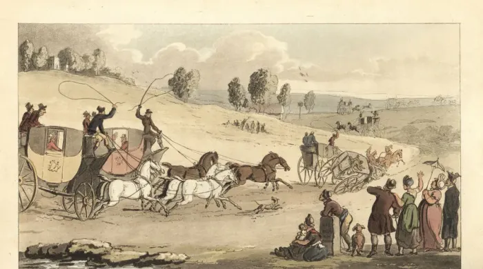Framed Print : Young English gentlemen racing four-horse carriages Framed Print : Young English gentlemen racing four-horse carriages