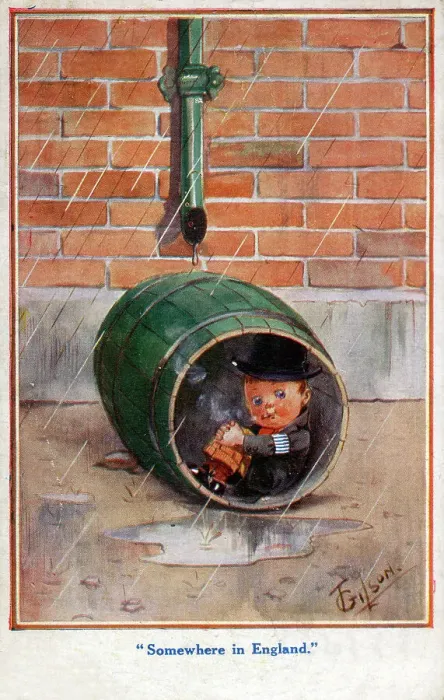 Framed Print : A young English lad takes shelter in a barrel from the rain Framed Print : A young English lad takes shelter in a barrel from the rain