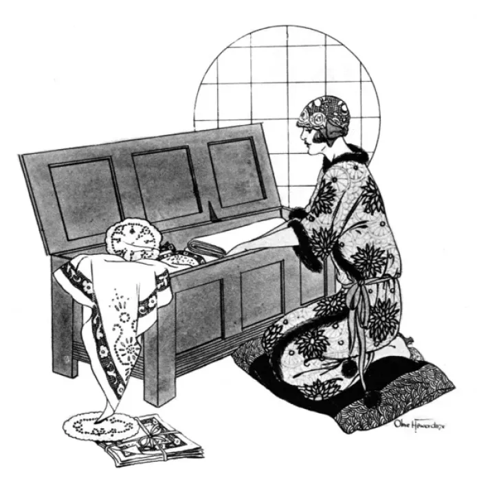 Framed Print : Young fashionable lady searches for linen in her Dower Chest Framed Print : Young fashionable lady searches for linen in her Dower Chest