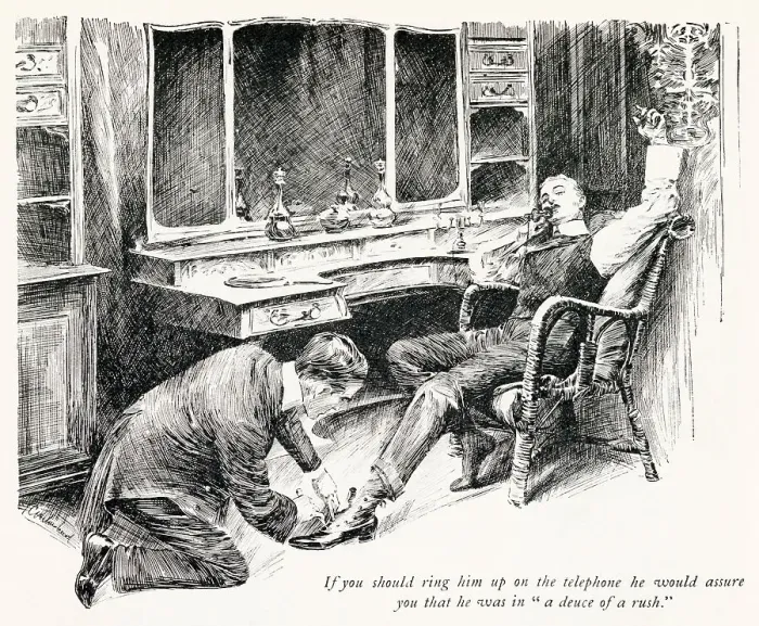 Framed Print : While a young gentleman conducts his social affairs by telephone, his man fastens his spats over his boots, preparatory to going out Date: 1904 Framed Print : While a young gentleman conducts his social affairs by telephone, his man fastens his spats over his boots, preparatory to going out Date: 1904