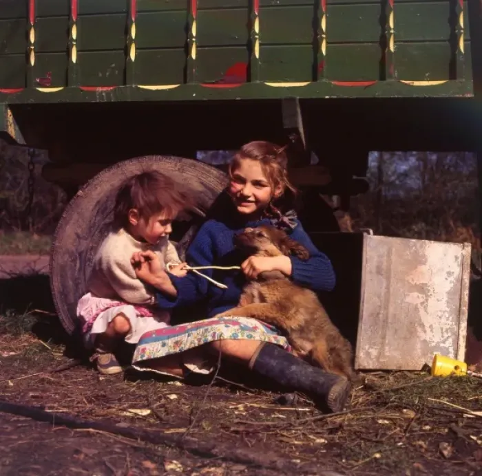 Framed Print : Two young gipsy girls with a dog, Charlwood, Surrey Framed Print : Two young gipsy girls with a dog, Charlwood, Surrey