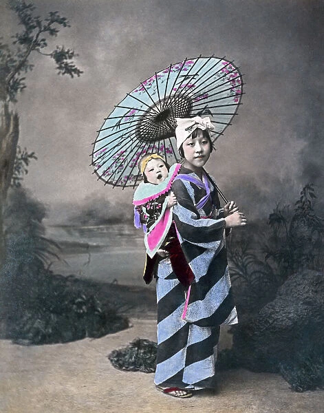 Young girl and baby, Japan, circa 1880s. Date: circa 1880s