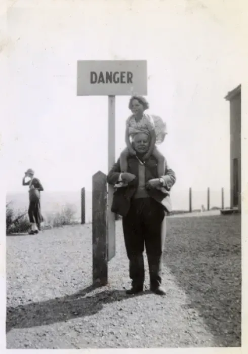 Framed Print : Young girl on Grandfathers shoulders by Danger sign Framed Print : Young girl on Grandfathers shoulders by Danger sign