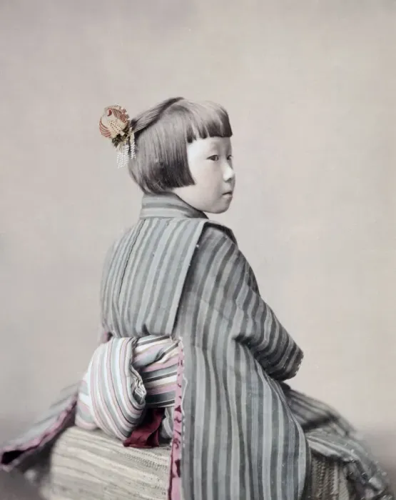 Framed Print : Young girl in Kimino showing her obi sash, Japan, c, 1890 Framed Print : Young girl in Kimino showing her obi sash, Japan, c, 1890