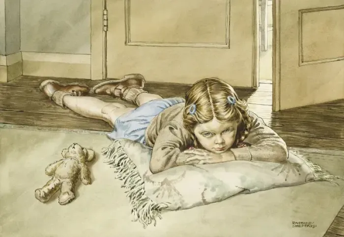 Framed Print : Young girl lying on a cushion alongside her teddy Framed Print : Young girl lying on a cushion alongside her teddy
