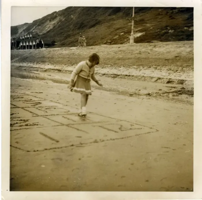 Framed Print : Young Girl Playing Hopscotch on the Beach, Boscombe, Hampshi Framed Print : Young Girl Playing Hopscotch on the Beach, Boscombe, Hampshi