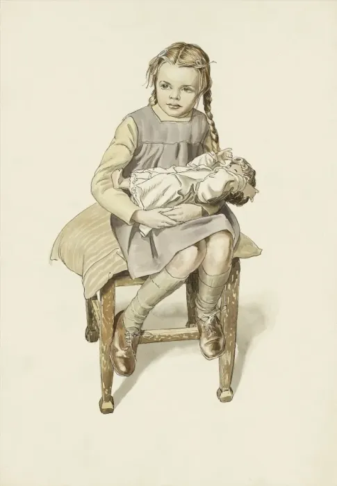 Framed Print : Young girl sits on a stool with a doll Framed Print : Young girl sits on a stool with a doll