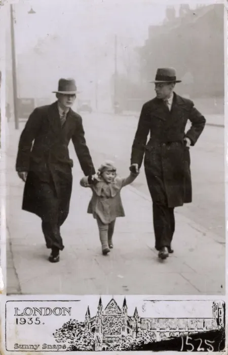 Framed Print : Young girl out for stroll with Father & Grandfather, London Framed Print : Young girl out for stroll with Father & Grandfather, London