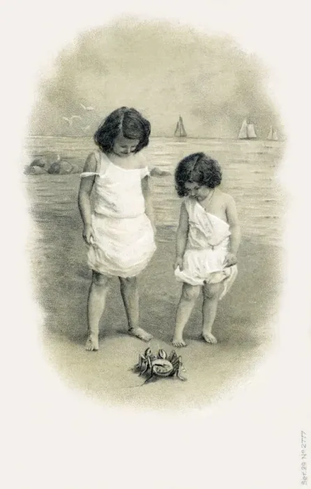 Framed Print : Two young girls on the sea shore encounter a crab Date: 1905 Framed Print : Two young girls on the sea shore encounter a crab Date: 1905