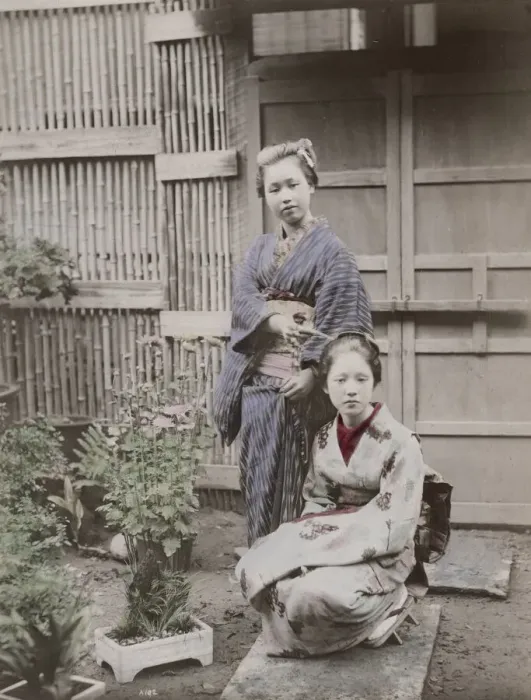Framed Print : Two young Japanese women with plants Framed Print : Two young Japanese women with plants