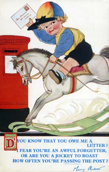 Framed Print : Young Jockey on a rocking horse posting a letter Framed Print : Young Jockey on a rocking horse posting a letter