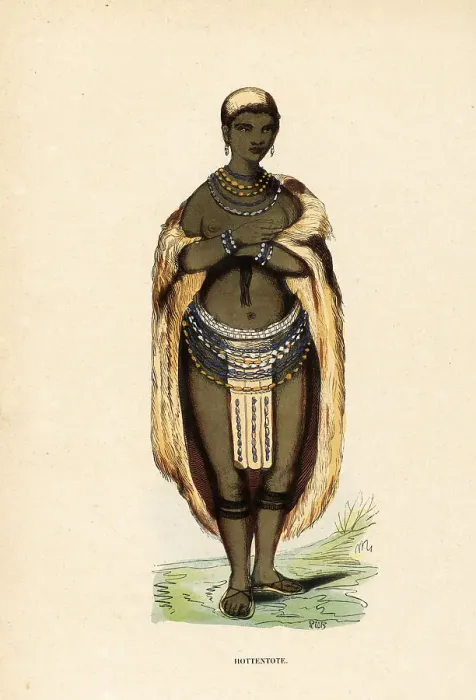 Framed Print : Young Khoikhoi woman in fur cape, beaded skirt, anklets, necklac Framed Print : Young Khoikhoi woman in fur cape, beaded skirt, anklets, necklac