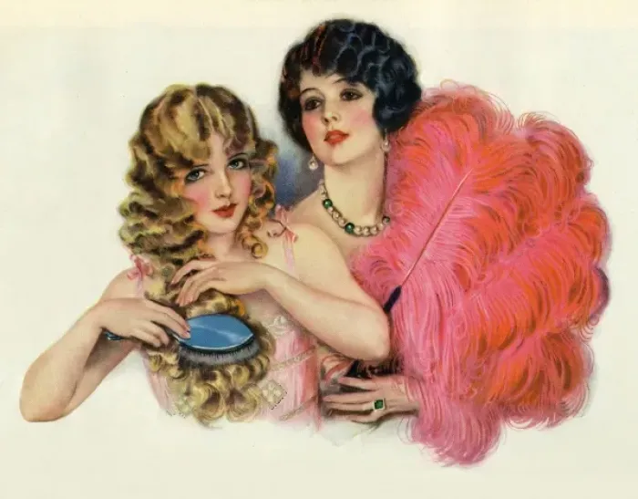 Framed Print : Two young ladies with feather boas Framed Print : Two young ladies with feather boas