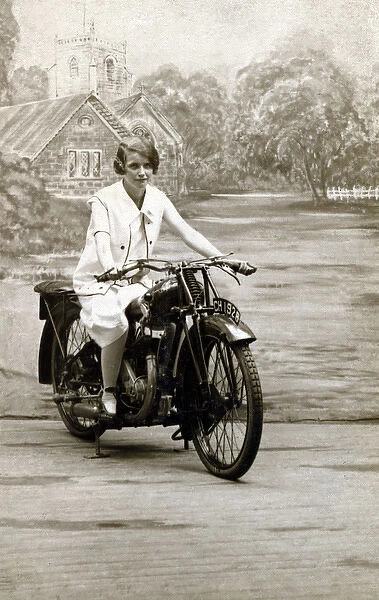 Young lady on a 1928  /  9 veteran JAP engined motorcycle