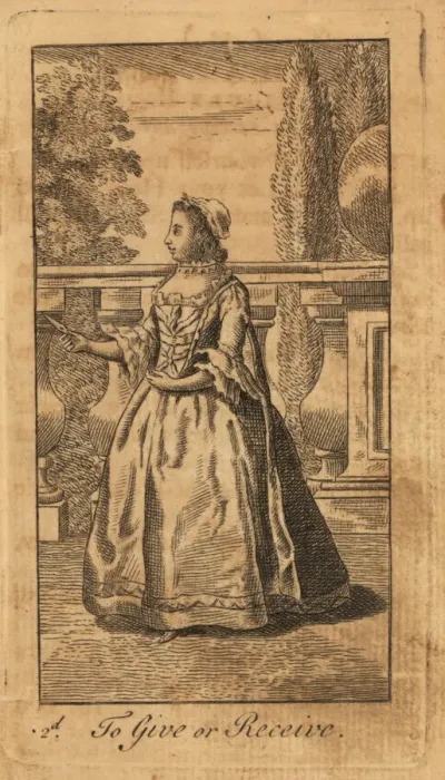 Framed Print : Young lady giving or receiving a fan in a park, 18th century Framed Print : Young lady giving or receiving a fan in a park, 18th century