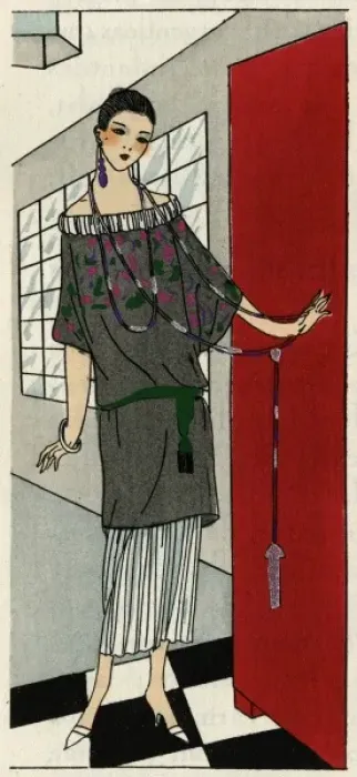 Framed Print : Young lady in grey and white outfit by Paul Poiret Framed Print : Young lady in grey and white outfit by Paul Poiret
