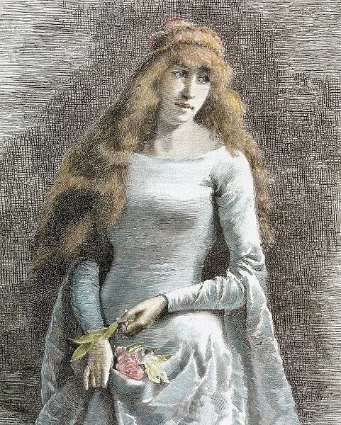Young lady. Medieval age. Engraving by Centeneri (1885). La
