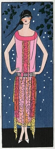 Young lady in salmon pink evening dress by Beer