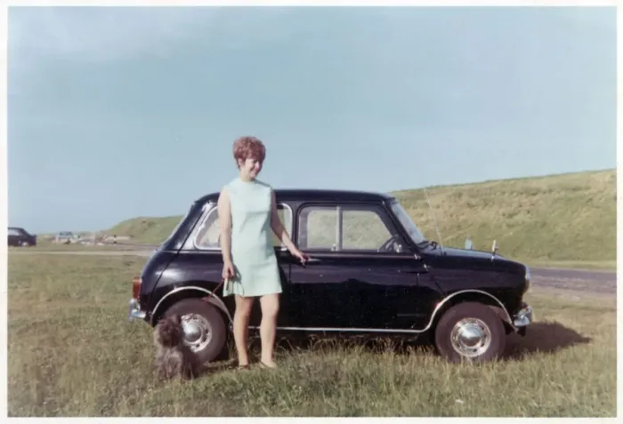 Framed Print : Young lady, terrier and Mini Cooper car Framed Print : Young lady, terrier and Mini Cooper car