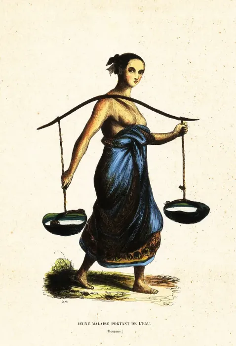 Framed Print : Young Malay woman carrying pales of water with a yoke