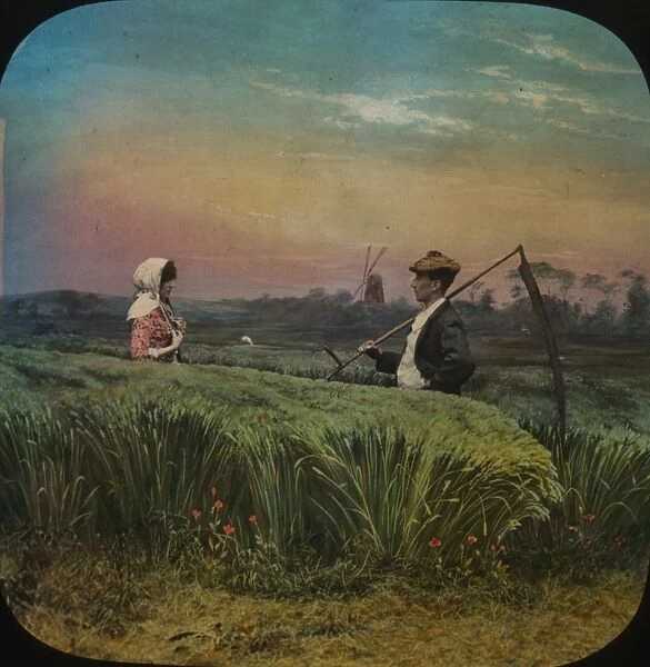Young man carrying a scythe meets his girl amid the corn