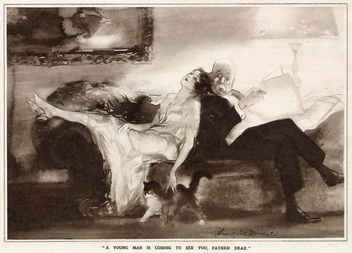 Framed Print : A Young Man is Coming to see You, Father dear by Edmund Blampied. A woman is telling her father that a young man, possibly her lover, is coming to see him, perhaps to introduce himself to the father. Date: 1933 Framed Print : A Young Man is Coming to see You, Father dear by Edmund Blampied. A woman is telling her father that a young man, possibly her lover, is coming to see him, perhaps to introduce himself to the father. Date: 1933