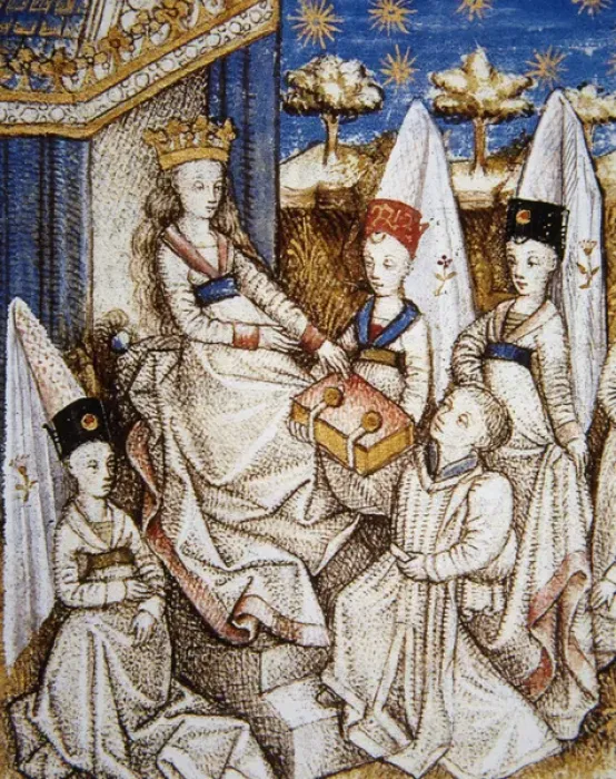 Framed Print : Young man offering the manuscript to the Countess of Hautevi Framed Print : Young man offering the manuscript to the Countess of Hautevi