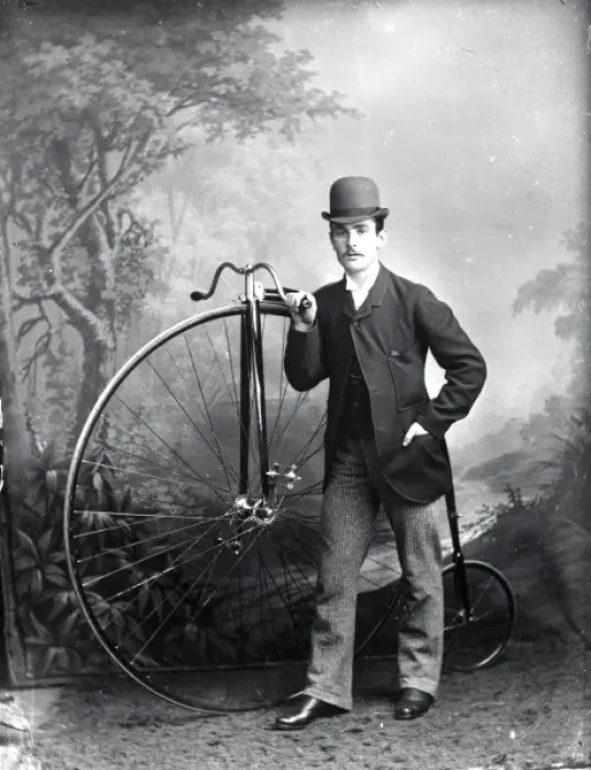 Framed Print : Young man and pennyfarthing, Haverfordwest, South Wales Framed Print : Young man and pennyfarthing, Haverfordwest, South Wales