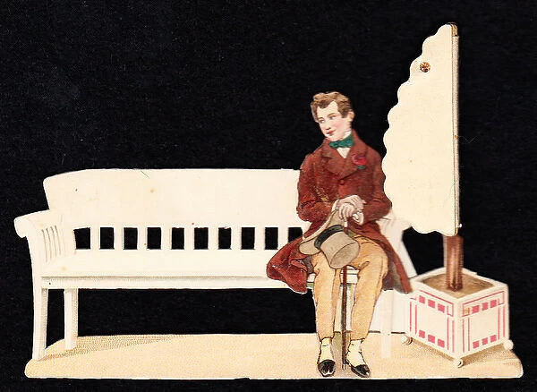 Young man sitting on a bench on a greetings card